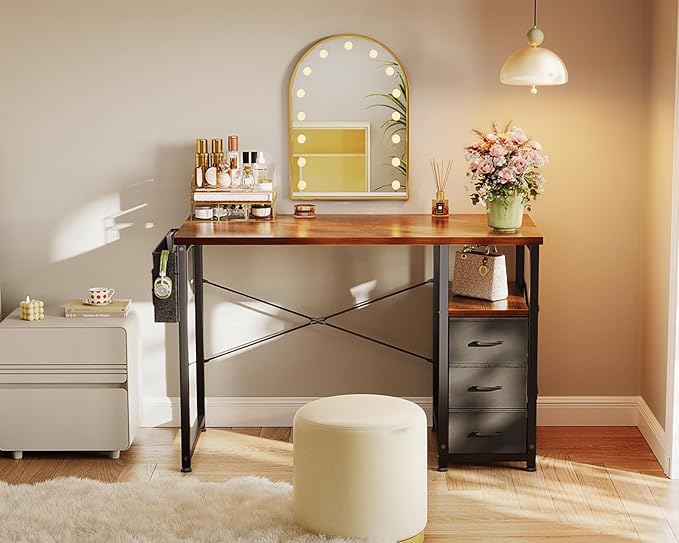 AODK 40" Small Computer Desk with Fabric Drawer, Kids Girls Teen Study Writing Desk for Bedroom, Home Office Desk with Storage Shelf & Bag for Small Space, Vintage