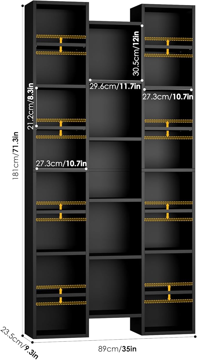 FOTOSOK 71'' Tall Bookshelf with 21 Cubes, 8 Tier Triple Wide Black Bookshelf with 8 Adjustable Shelves, 35" Large Bookcase DVD/CD Media Tower Storage, Freestanding Display Shelf Cabinet, Black