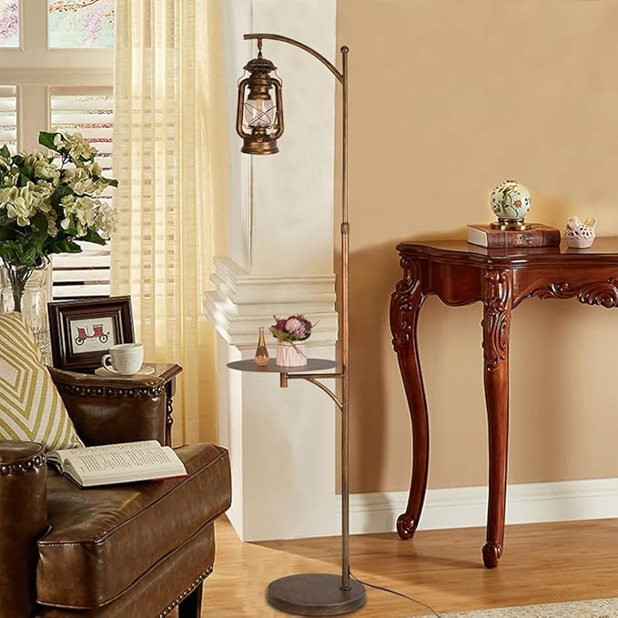 beaysyty Farmhouse Adjustable Floor Lamps with Tray Lantern Tall Standing lamp for Bedroom Home Decor for Office Cafe Den Living Room Bedroom, On/Off Foot Switch and Brushed Rustic (Red Copper)