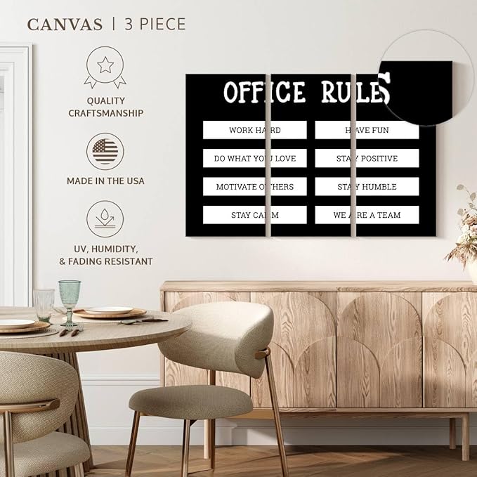 Elephant Stock - Office Rules Wall Art - Horizontal Multi Panel Canvas - 3 Piece Home Office Wall Decor - Digital Art Motivational Typography Multi Piece Wall Art - Black And White Decor by Cad Designs - 33" x 20"