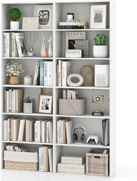 Giantex 6-Tier Bookcases Set of 2, 70" Tall Wooden Bookshelf, Freestanding Storage Organizer w/Open Shelves, Anti-Tipping Kits, Modern Floor Standing Display Shelves for Living Room, Bedroom, White