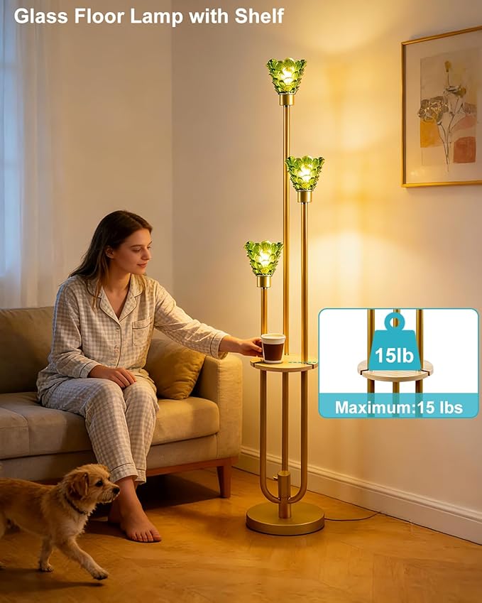 Lightdot Green Glass Floor Lamp with Shelf, 63IN Mid Century Modern Gold Standing Lamps with 3 3000K Soft Warm White Bulbs Included, Floor Lamp for Living Room/Wedding/Office