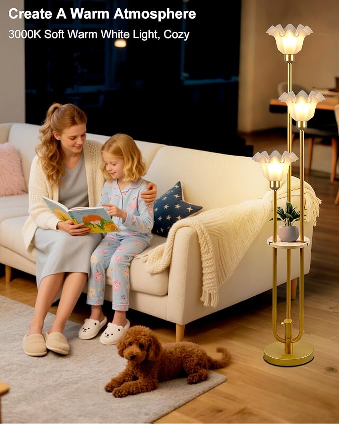 Lightdot Flower Floor Lamp for Living Room, Dimmable Vintage Floor Lamp with Shelf& Bulbs Included, 3 Light Warmwhite Mid Century Gold Floral Standing Tall Lamp for Bedroom/Sofa Beside/Corner Decor