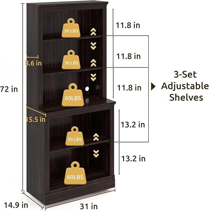 72" Tall Bookcase, White Large Floor Standing Bookshelf, 5 Tier Shelves Open Storage Organizer, Book Case for Living Room Hallway Kitchen Home Office Bedroom, Dark Cherry- 5 Tier