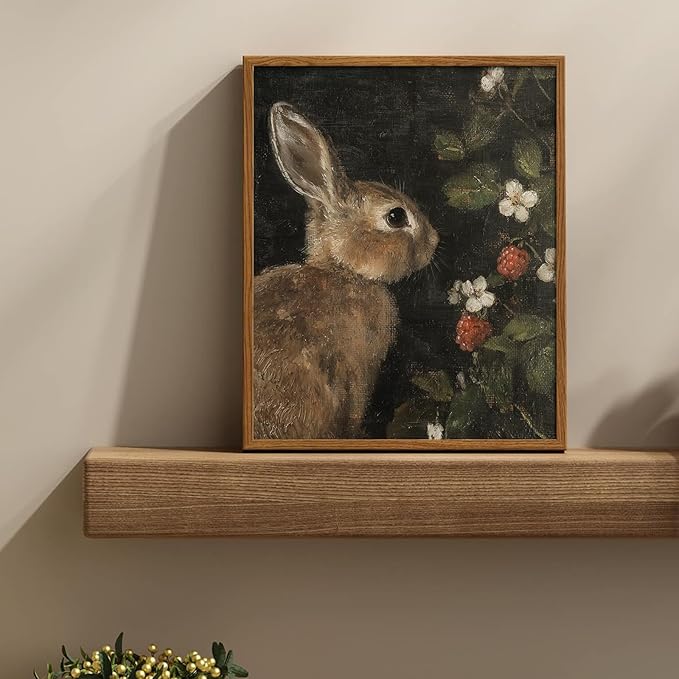 uniro Vintage Rabbit Wall Art, Farmhouse Canvas Wall Decor, Easter Bunny and flowers Painting, Antique Rabbit Painting Wall Art Decoration for Office Bedroom Room Living Decor(8" x 10"-UNFRAMED)
