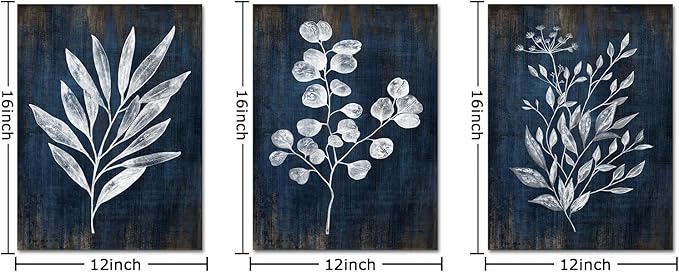 Conipit Navy Blue Botanical Painting Rustic Botanical Wall Art Canvas Abstract Blue White Leaf Plant Artwork Prints Framed For Living Room Bedroom Wall Decor 12''X16''X3pcs