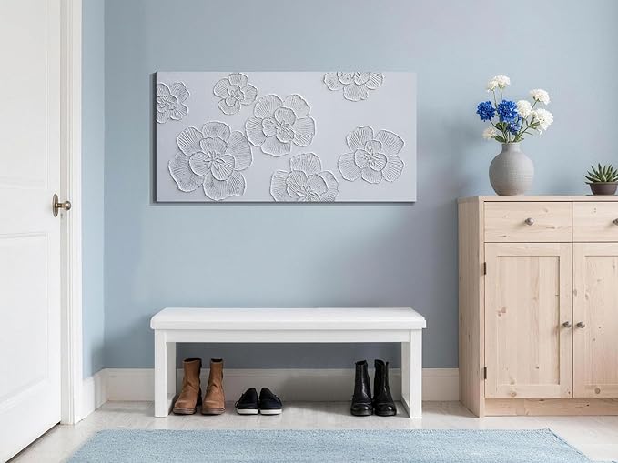 Arjun Flower Canvas Wall Art Textured Hand Painted Painting, Elegant Modern White Floral Picture for Living Room Bedroom Home Office Wall Décor, Large Framed Picture 40"x20"