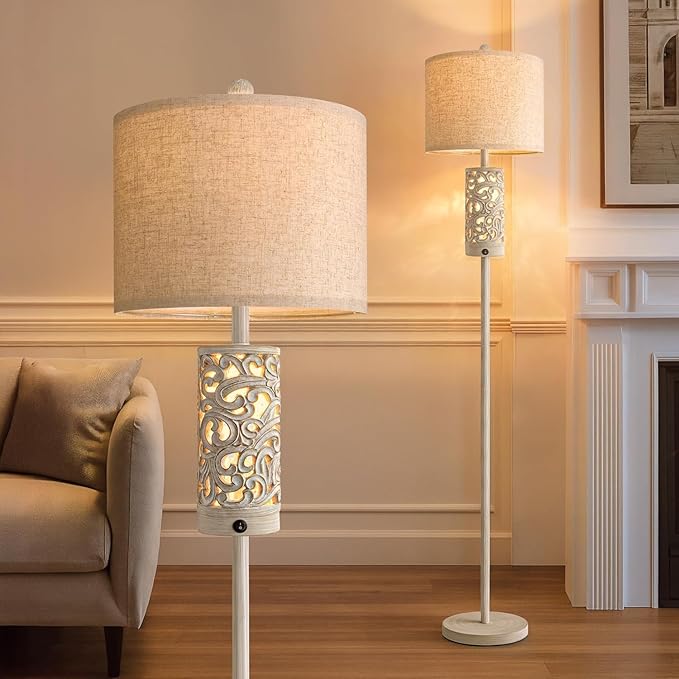 OYEARS 65" Floor Lamp with Night Light,Farmhouse Floor Lamps for Bedroom,Tall Floor Lamp for Living Room,Rustic Floor Lamps,Vintage Standing Lamp with Linen Shade,Boho Reading Lamp for Home Decor