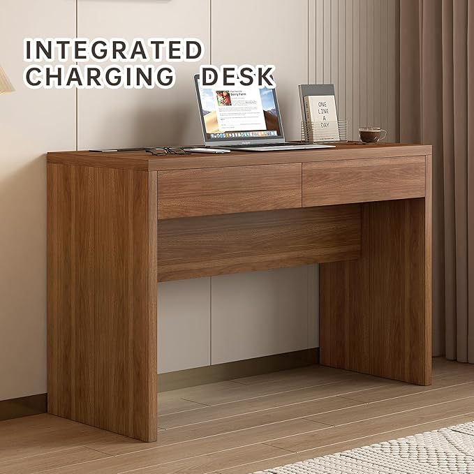 47-Inch Computer Desk with Pull-Out Outlet, Home Office Desks with 2 Sturdy Drawers, Writing/Gaming/Work/Study Desk for Bedroom, Living Room Brown