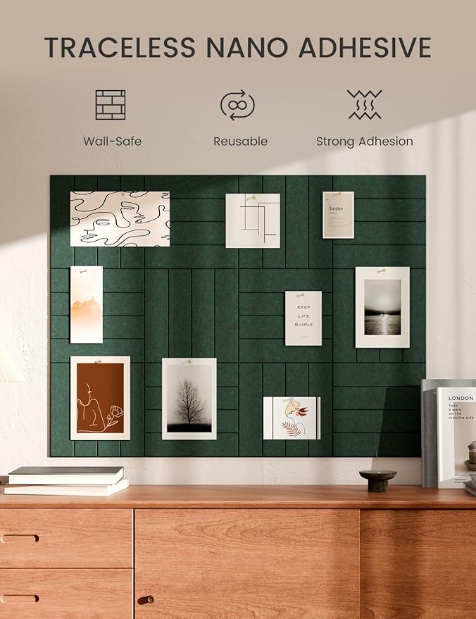 Bumusty Large Cork Board Alternative-48 x 36" Felt Bulletin Board Tiles, with 30 Pushpins, 70 Adhesive Tabs, 12-Pack Slat Wall Paneling, Cork Boards for Office Push Pin Board Felt Board-Pine Green