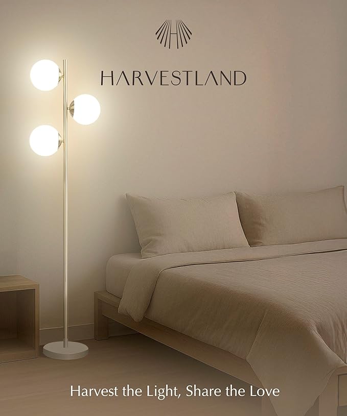 HarvestLand SphereRise Brass Floor Lamp – Globe Floor lamp with Solid Base and 3 Light Glass Floor lamp, mid Century Modern Design