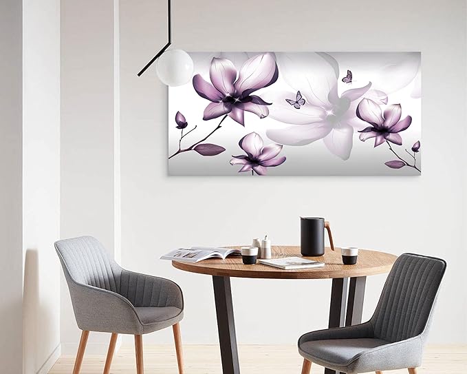 Muolunna BK06598 Purple Magnolia with Butterfly Flower Canvas Wall Art Picture 1 Panel 3D Wallpaper Modern Art Prints Painting for Bedroom Modern Office Wall Decor Artwork