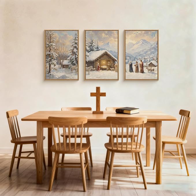 HOURIA Christian Easter Season Framed Canvas Wall Art Set,Religious Jesus Christ Biblical Wall Decor,Holy Family Star of Bethlehem Woodland Landscape Artwork for Church,Prayer Room,Home-16"x24"x3