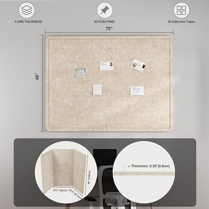 Large Felt Bulletin Board for Wall, 72"x48" Frameless Picture Board, Soft Felt Cork Board for Office, Home Planning & Office Wall Decor, Easy Install Pin Board
