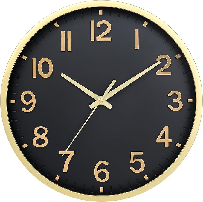 Wall Clocks Battery Operated 12 inch Modern Wall Clock,Silent Non Ticking Wall Clock for Living Room Bedroom Kitchen Office Classroom Decor (Black Gold)
