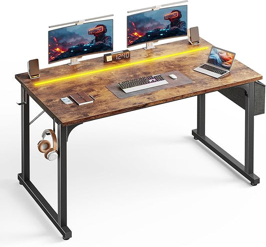48 Inch Computer Desk with LED Lights, Office Desk for Home Office, Study Desk Writing Table with Storage Bag, Headphone Hook, Rustic Brown
