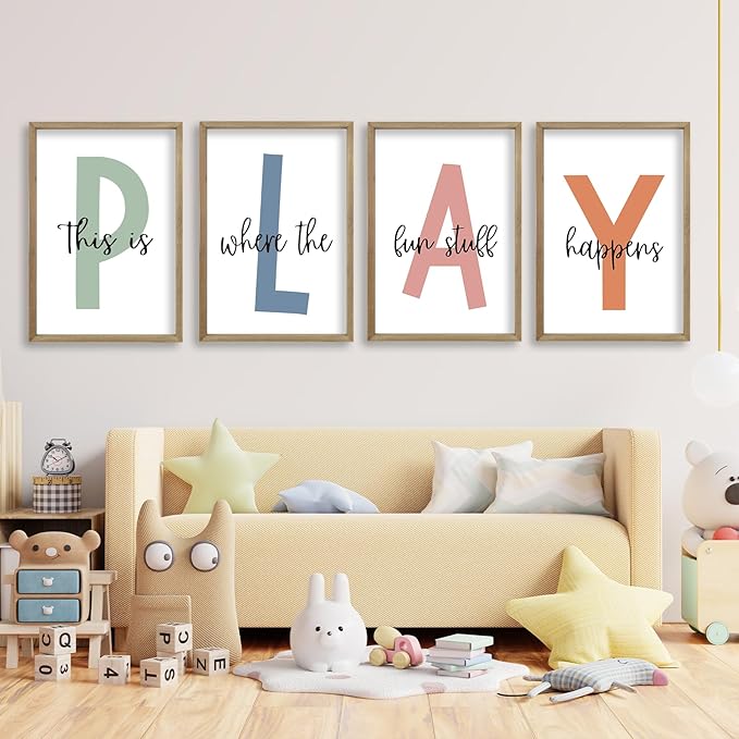 This Is Where The Fun Stuff Happens Kids Playroom Wall Art 11x16 Inch Set Of 4 Rustic Kids Wood Framed Boy Sign Toddler Modren Nursery Interesting Let's Play Prints Wall Hang Decor (Wood)