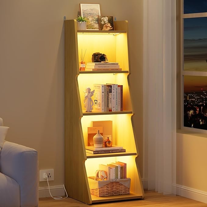 Hoctieon 5-Tier Open Bookcase and Bookshelf with LED Light, Floor Standing Display Storage Shelves, Wood Modern Display Organizer for Home Office, Living Room, Bedroom, Study, Yellow Oak
