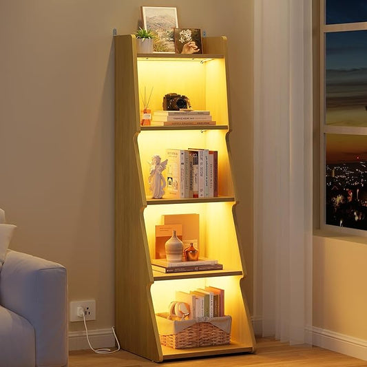 Hoctieon 5-Tier Open Bookcase and Bookshelf with LED Light, Floor Standing Display Storage Shelves, Wood Modern Display Organizer for Home Office, Living Room, Bedroom, Study, Yellow Oak