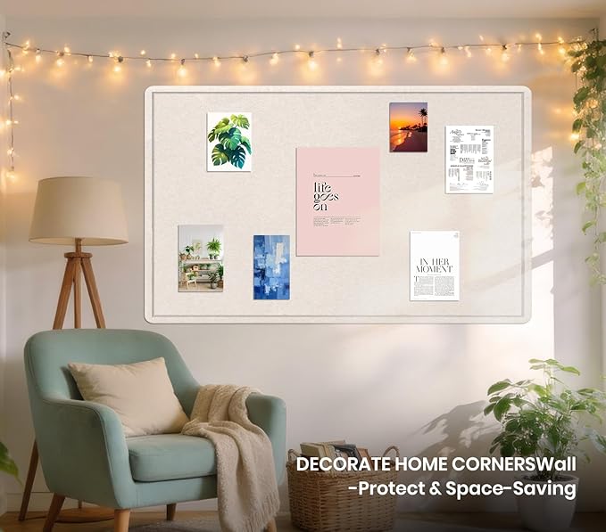 Bulletin Board, 23.5 X 17.5 inches Cork Board with 20 Pushpin, Felt Cork Board Notice Pin Board, Self-Adhesive Vision Board Mood Board Foldable Photo Board for Wall - Oatmeal