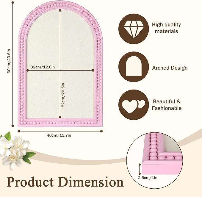 16" x 24" Linen Bulletin Board, Arched White Wood Frame with Beaded Trim, Decorative Pin Board Wall Organizer for Photos, Notes, Memo & Vision Board, 4060WH