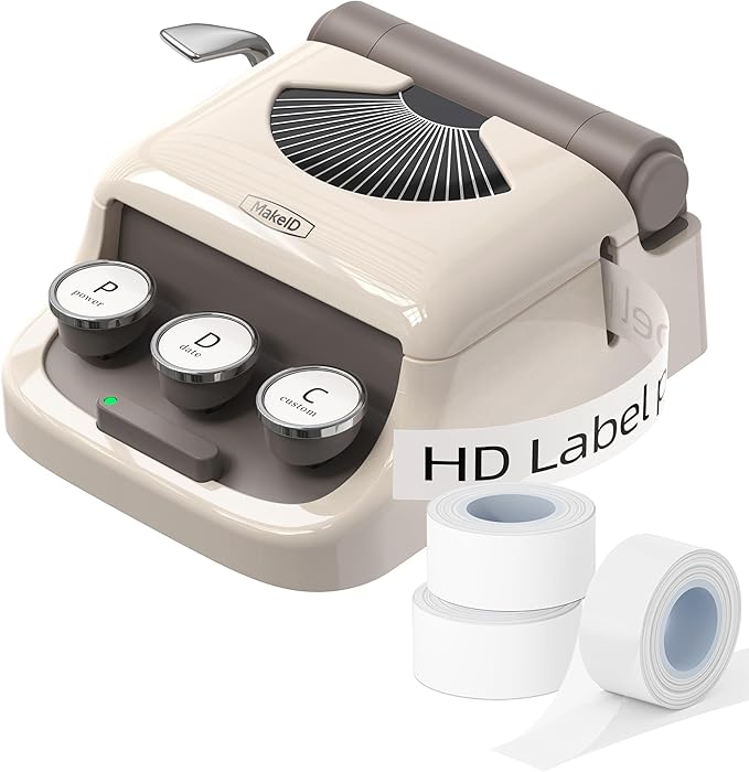 MakeID Q1 Label Maker Machine with 3 Tapes - Portable Bluetooth Label Makers for Home & Office Organization - Compatible with Apple iOS & Android - Clear Prints, Custom Templates & Fonts, Retro Design