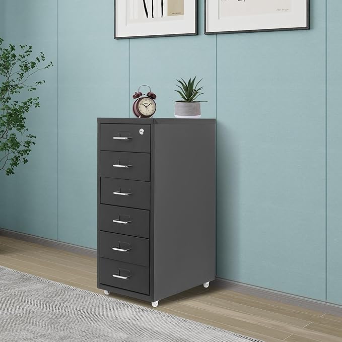 6-Drawer Metal File Cabinet, Metal Filing Storage Vertical Cabinets with Lock Home Office Filing Cabinets for Organization Hanging Letter/Legal/F4/A4 (Black)