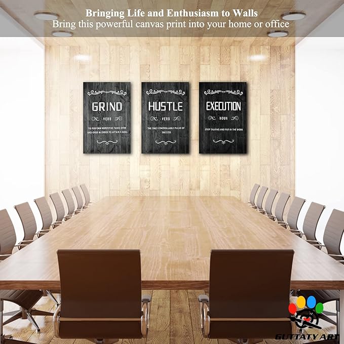 Office Wall Art - 3 Panel Motivational Wall Art, Inspirational Quotes Canvas Art for Home Office Wall Decor, Positive Quotes Wall Decor, Entrepreneur Grind Hustle Execution Poster Frame (20”x30”x3Pcs)
