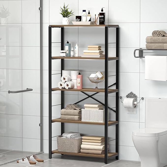 FOLUBAN 5 Tier Tall Bookshelf, Industrial Bookshelves and Bookcases, Modern Rustic Wood and Metal Book Shelf for Bedroom, Living Room and Home Office, Oak