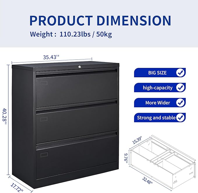 3 Drawer Black Lateral File Cabinet, Lockable Metal File Cabinet for Home Office, Office File Cabinets for Legal/Letter/A4/F4 Size with Hanging Files&Key