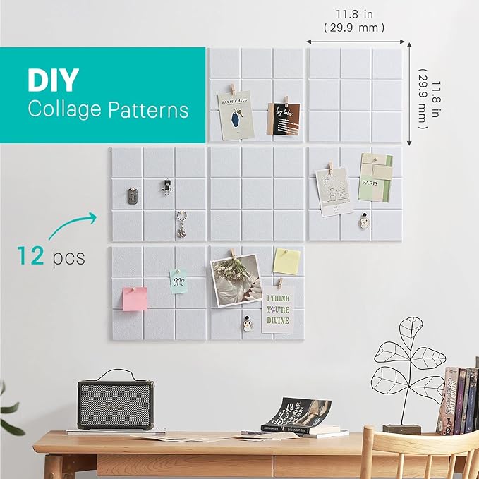 Cork Board for Walls 48" x 36", Bulletin Board for Office Decor, 12 Pack Felt Wall Tiles with Safe Removable Adhesive, Pin Tack Corkboard for Quilting Design & Dart Wall Protector - White