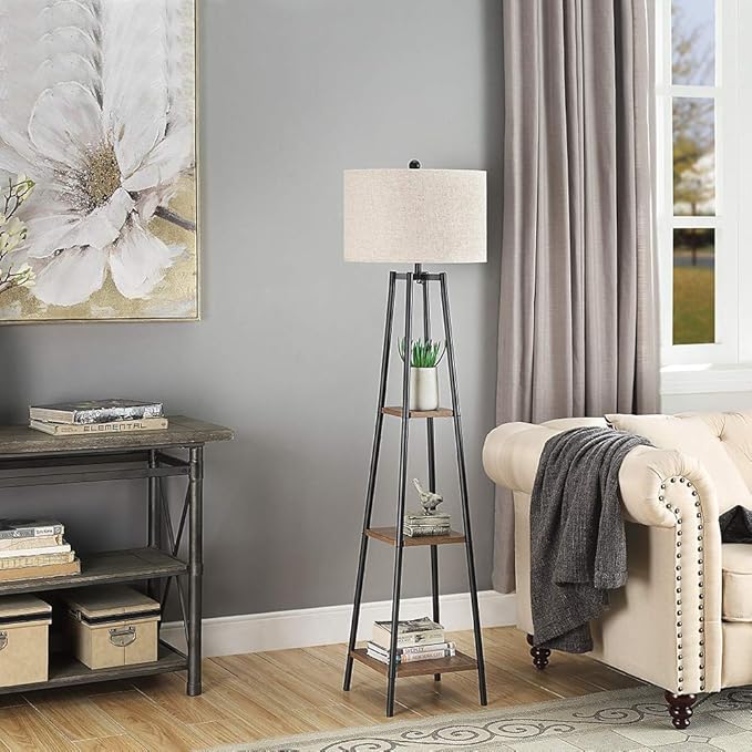 ROSEN GARDEN Floor Lamp, Standing Reading Light with Shelves and Fabric Shade, Modern Tall Pole Lamp, Accent Furniture Décor Lighting for Living Room, Bedrooms
