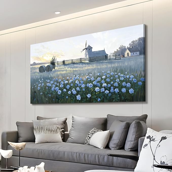 amatop Oversized Farmhouse Wall Art: Blue Rose & Windmill Botanical Landscape Canvas Print - Large Tranquil Floral Scene, Ideal for Living Room, Dining Room, or Hallway Decor | 58x29 Inches