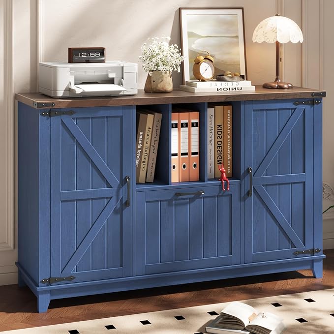 Vabches Lateral File Cabinet with File Drawer, Farmhouse Filing Cabinet with Storage Shelves for Legal/A4/Letter Size Hanging Files, Large Modern Printer Stand for Home Office (Navy Blue and Brown)