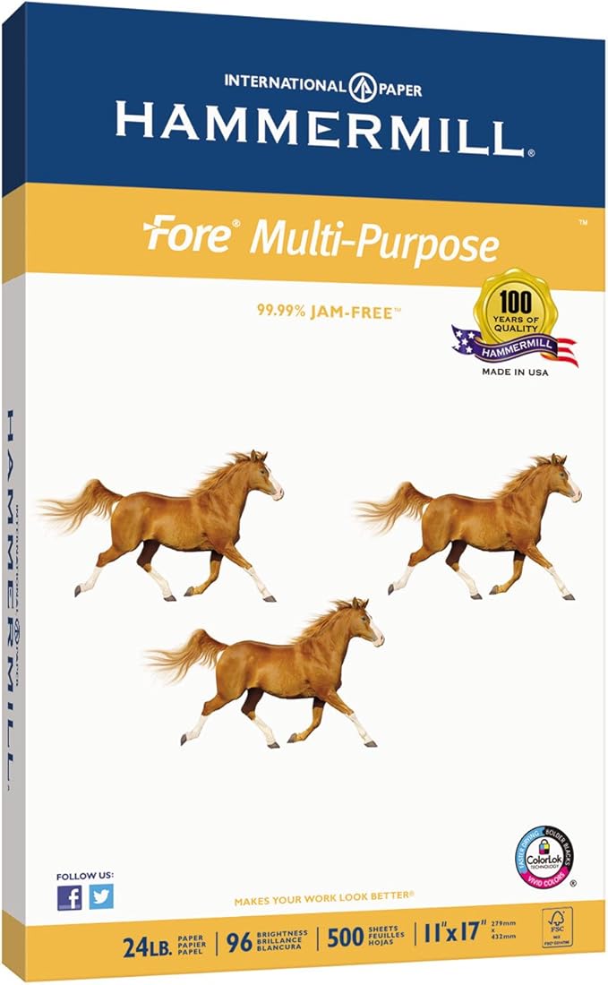 Hammermill Printer Paper, Fore Multipurpose 24 lb Copy Paper, 11 x 17-96 Bright, Made in the USA, 102848R - 1 Ream (500 Sheets)