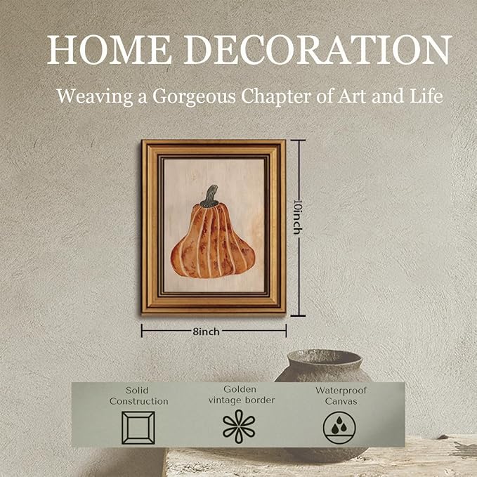 Gold Framed Wall Art Vintage Canvas Wall Art Japandi Pumpkin Fruits Artwork Prints Picture for Living Room Bedroom Farmhouse Bathroom Office Decor, 8x10