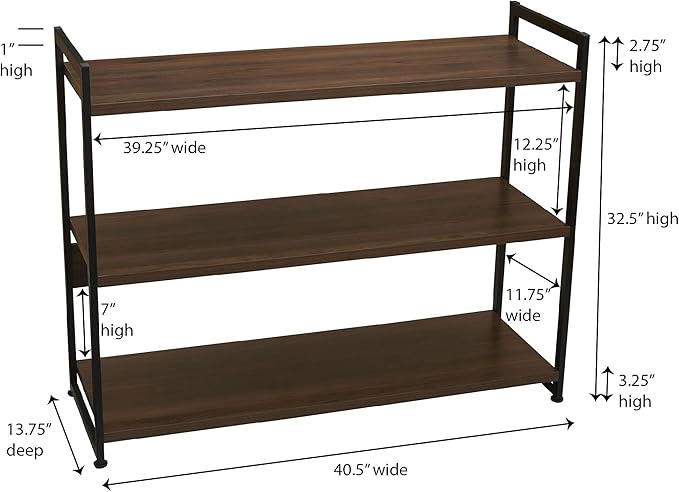 Household Essentials Jamestown Wide 3 Shelf Open Storage Bookshelf Mid Century Walnut Wood Grain and Black Metal