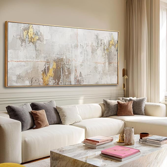 VAYIMDH Abstract Canvas Wall Art Line Decorative Painting White and Gold Hanging Art 40"x86" Large Pictures for Living Room Office