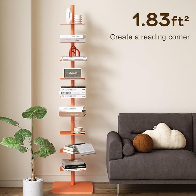9-Tier Metal Spine Bookshelf - Vertical Tower for Booksfor Small Spaces, Multipurpose Corner Bookshelf, Tall & Narrow Ladder Bookcase, Ideal Book Display for Home or Office (Orange Color)