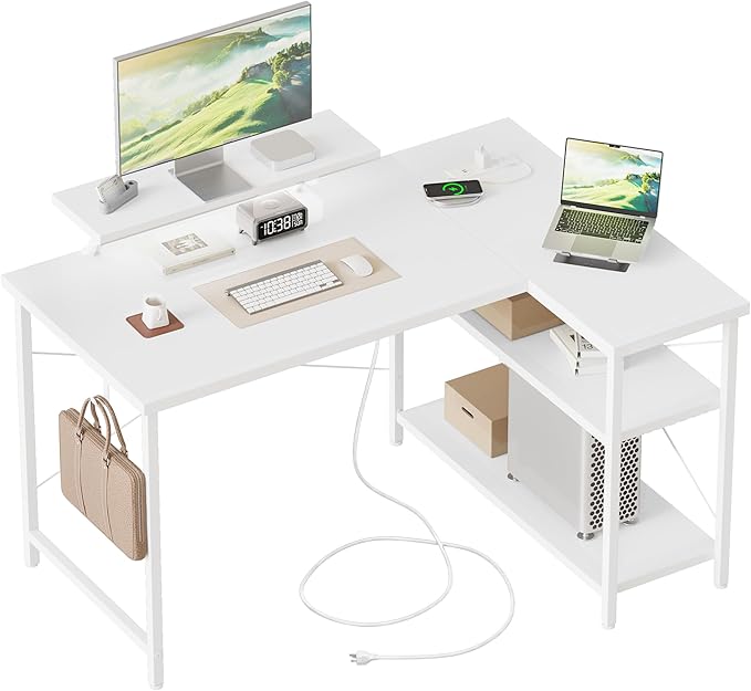 Mericonia Small L Shaped Computer Desk with Power Outlets, Reversible Gaming Desk with Storage Shelves & Monitor Stand, Corner Gamer Desk Table, Study Writing Table
