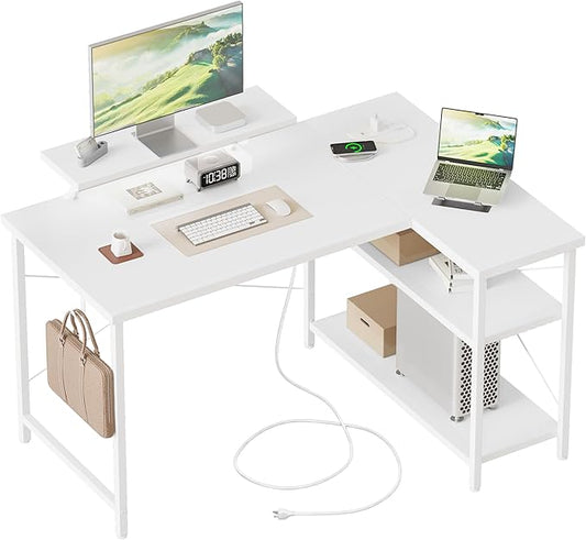 Mericonia Small L Shaped Computer Desk with Power Outlets, Reversible Gaming Desk with Storage Shelves & Monitor Stand, Corner Gamer Desk Table, Study Writing Table