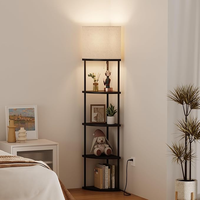 Floor Lamp with Shelves, Modern 5 Tier Corner Shelf Lamp with 3 Color Temperature Bulb, Storage Home Decor Organizer Shelves for Bedroom Living Room, Black