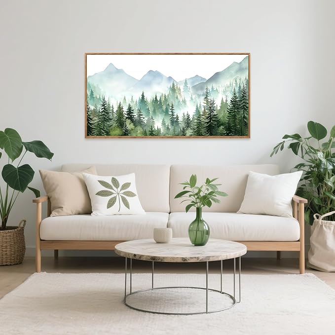 CHDITB Mountain Landscape Framed Canvas Wall Art(40"x20"), Boho Nature Forest Artwork Prints, Large Abstract Modern Green Pine Trees Art Decor for Bedroom Living Room Office