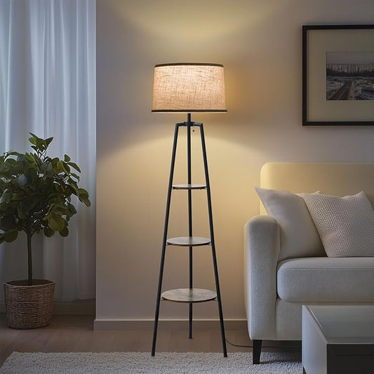 3 Tier Shelf Floor Lamps for Living Room, Modern Standing Lamp with 3 Color Temperature Led Bulb, Tall Lamps for Bedroom and Office, Vintage Yellow