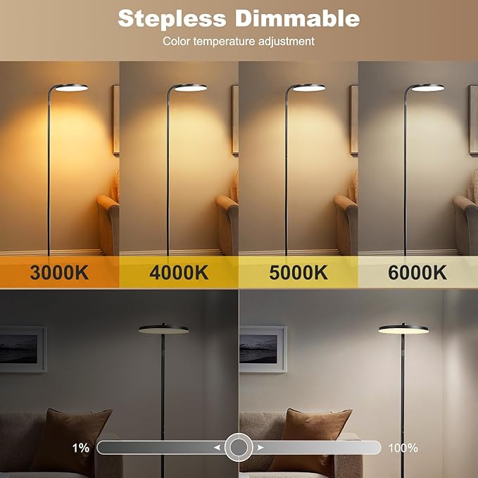 LED Floor Lamp – 36W Super Bright Standing Lamp with Remote & Touch Control, 350° Adjustable Head, Stepless Dimming & Color Temperature (3000K–6000K), Eye-Caring Light for Living Room, Bedroom, Office