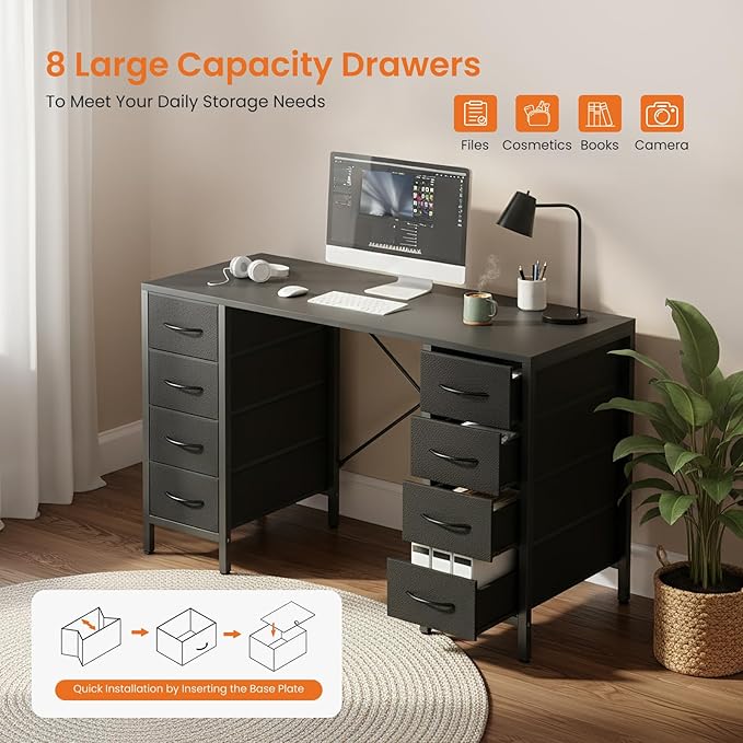 Sweetcrispy Computer Gaming Desk with 8 Storage Fabric Drawers, 47 Inch Home Office Bedroom Desk with Sturdy X-Frame, Modern Writing Study Work Table with Adjustable Feet, Black