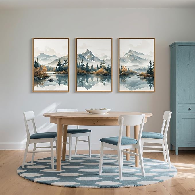 HLNIUC Large White Mountain Wall Art Framed, Snowy Green Forest Decor Set of 3 (24"x36"), Watercolor Winter Misty Nature Prints, Foggy Lake Landscape Canvas Painting for Living Room, Bedroom, Office