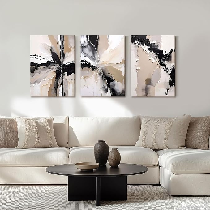 NCCXNCC 3 Pcs Abstract Canvas Wall Art in Black and Beige Modern Wall Decor Paintings Texture Posters Print Modern Geometric Pictures Artwork Suitable for Living Room Bedroom Home Office 12x16 inch