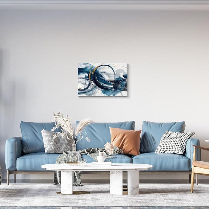 gaosoul Modern Abstract Canvas Wall Art Dynamic Blue Gold Lines Doodled on White Background Paintings Framed Minimalism Artwork Prints for Living Room Bedroom Office Decor 30x20in