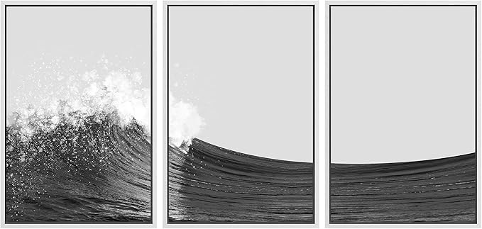 SIGNWIN 3 Piece Framed Canvas Wall Art Black and White Ocean Waves Nature Wilderness Illustrations Abstract Traditional Relax/Calm Home Artwork Decoration for Living Room,Bedroom - 16"x24"x3 White